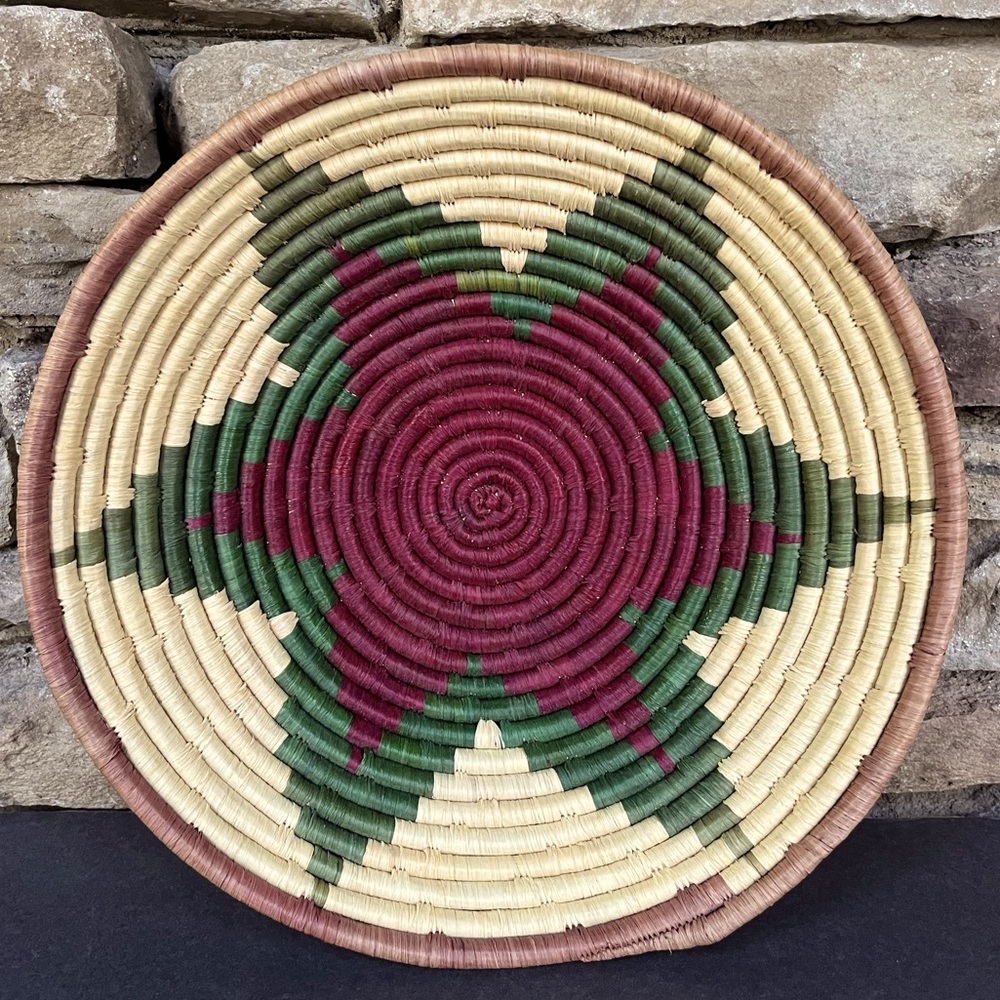 Coiled Basket Seagrass Green Burgundy Boho Wall Decor